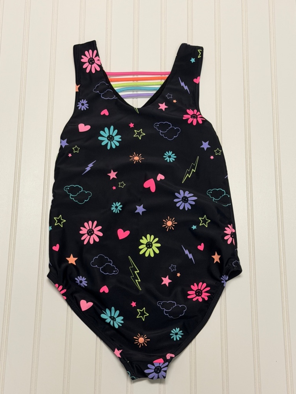 The Children's Place Black One-Piece Swimsuit with Neon Flower Print